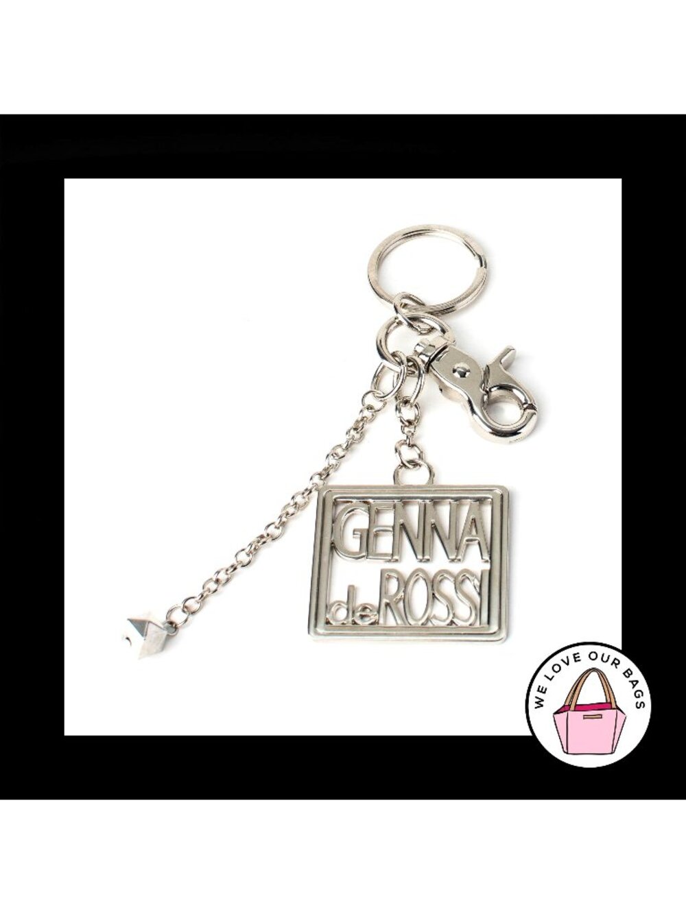 GENNA DE ROSSI Cutout Silver Nickel Square Key Fob Bag Charm Keychain Hang Tag